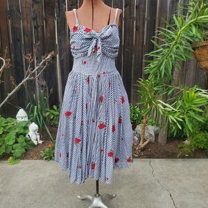 Unique Vintage Black and White Gingham Dress with Red Floral Details